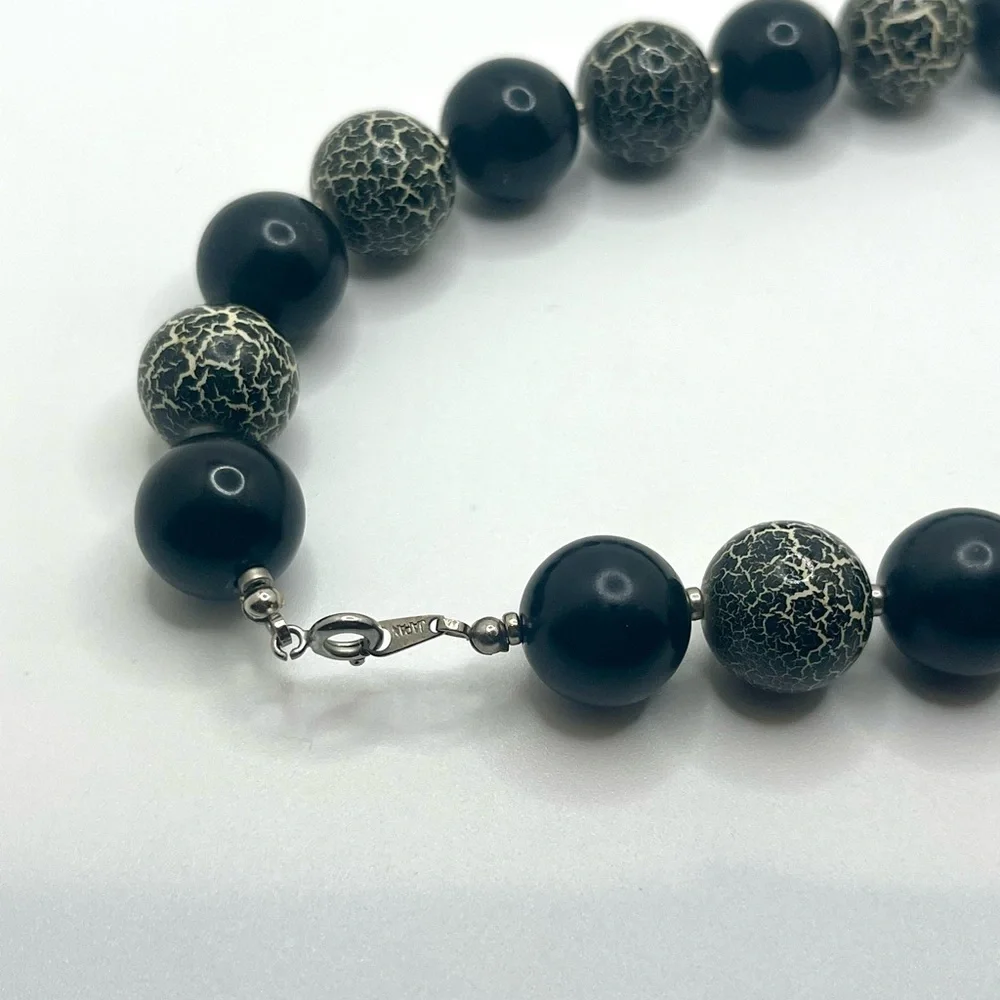 Vintage Japan black glass bead necklace crackle glass chunky mid century